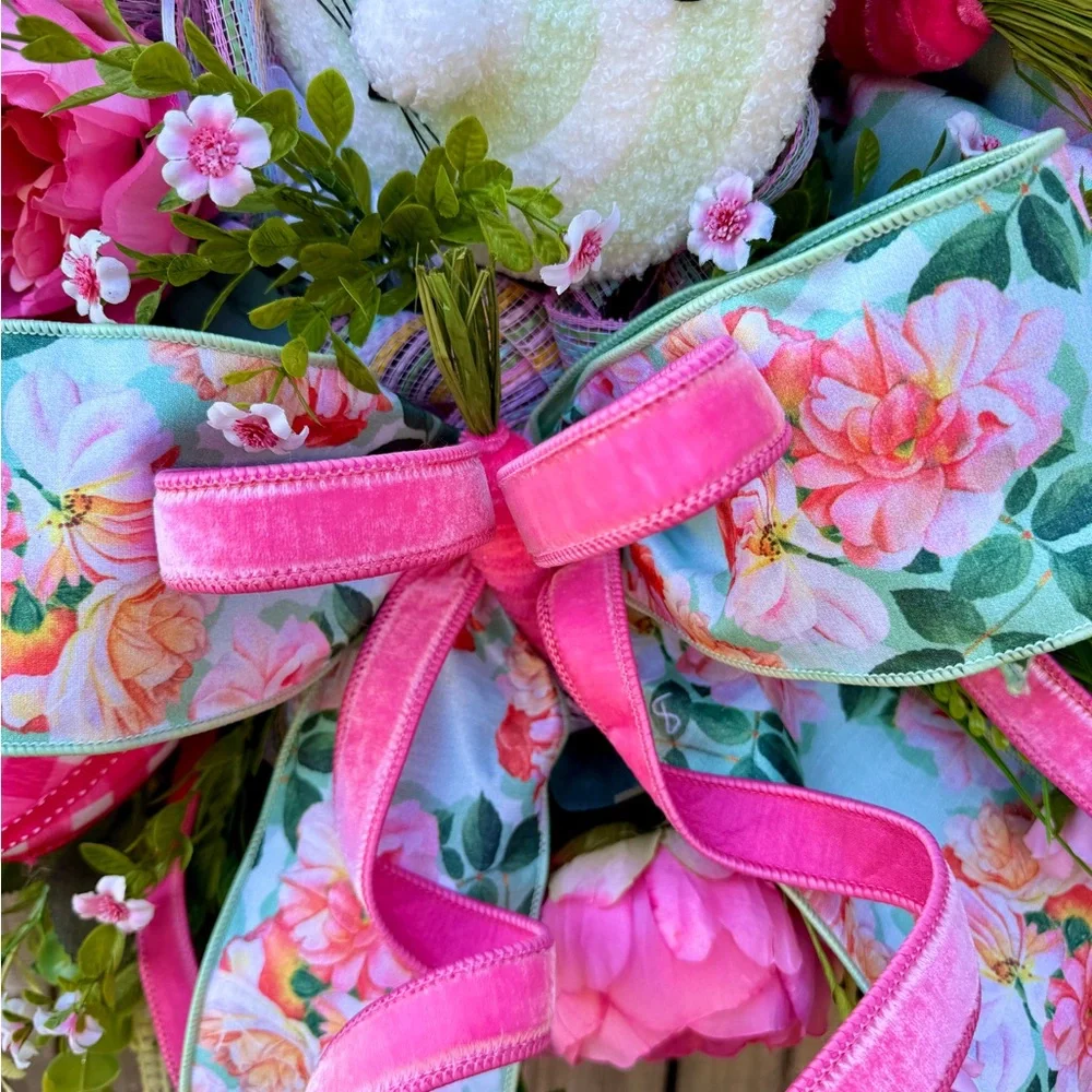 Floral Easter Bunny Wreath with Pink Accents